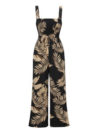 Black 1930s Wide-Straps Plants Jumpsuit, vintage romper, retro jumpsuit - perfect for women who love vintage and retro fashion