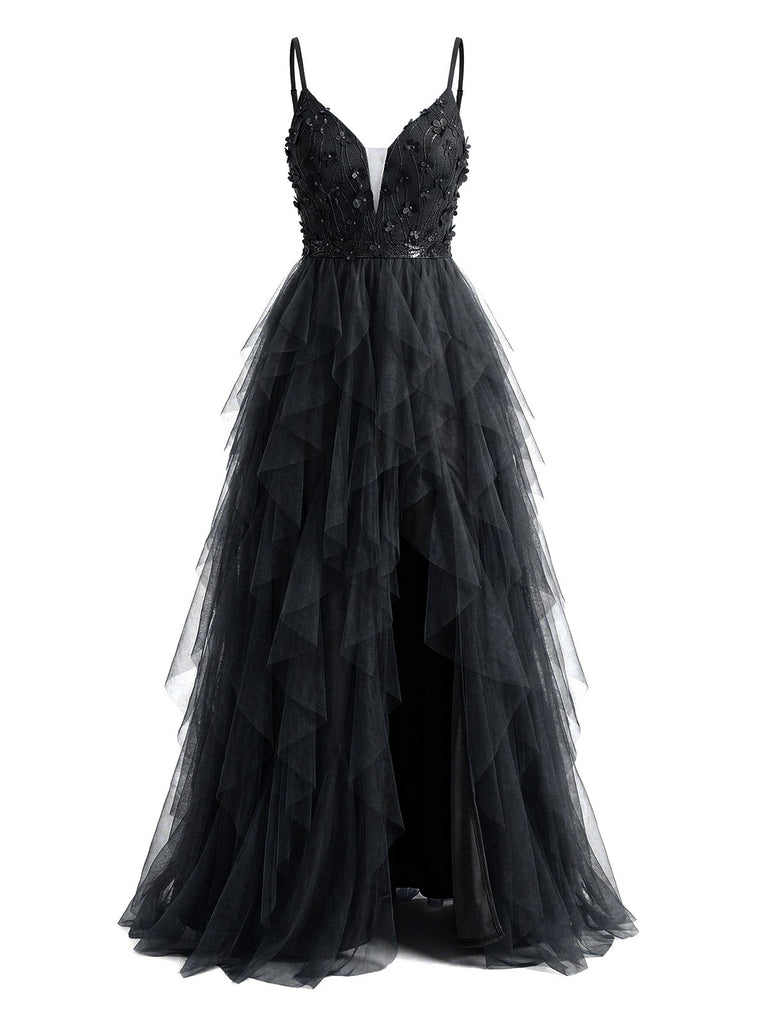 Black 1930s Appliques Tulle Glitter Slit Tiered Prom Dress