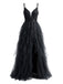 Black 1930s Appliques Tulle Glitter Slit Tiered Prom Dress