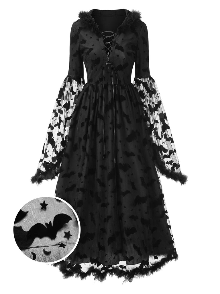 [Pre-Sale] Black 1940s Bat Mesh Raw Hem Witch Cape Dress, vintage dress, retro fashion - perfect for women who love vintage and retro fashion