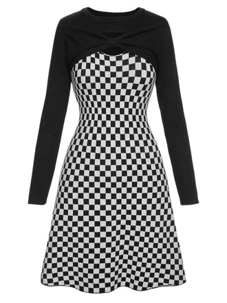 Black 1940s Contrast Plaid Patchwork Dress, vintage dress, retro fashion - perfect for women who love vintage and retro fashion