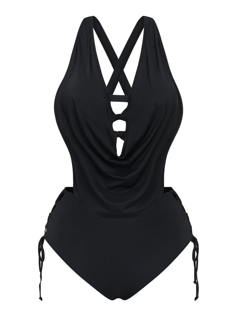 Black 1940s Crisscross Cutout Lace-Up Tankini Set: beautiful vintage fashion, retro style, classic elegance with timeless appeal
