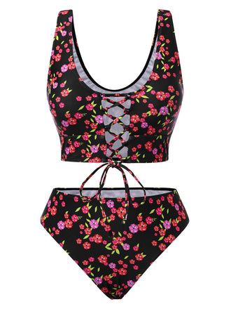 Black 1940s Ditsy Floral Lace-Up Tankini Set - vintage fashion, retro style, classic black