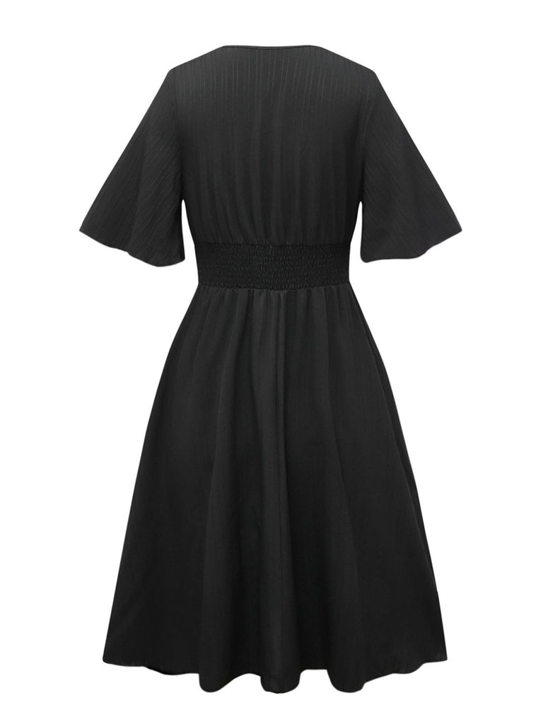 Black 1940s Embroidery Boho V-Neck Dress - vintage dress, retro fashion, classic black