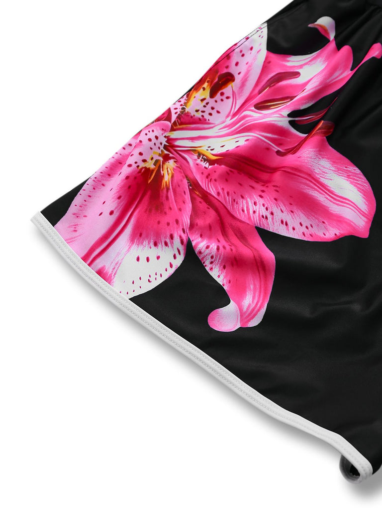Black 1940s Floral Tankini One-Piece Swimsuit - vintage swimsuit, pin-up style, classic black