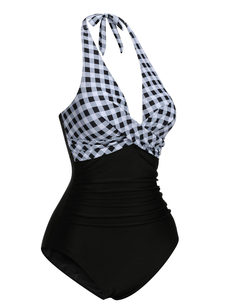 Black 1940s Halter Backless Plaids One-Piece Swimsuit, vintage swimsuit, pin-up swimwear - perfect for women who love vintage and retro fashion