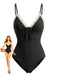 Black 1940s Lace Trim Tie Front One-Piece Swimsuit, vintage swimsuit, pin-up swimwear - perfect for women who love vintage and retro fashion