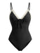 Black 1940s Lace Trim Tie Front One-Piece Swimsuit, vintage swimsuit, pin-up swimwear - perfect for women who love vintage and retro fashion