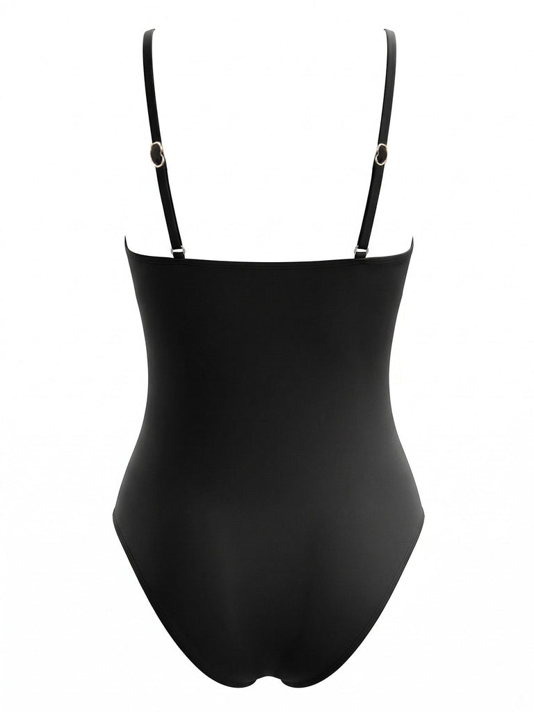 Black 1940s Lace Trim Tie Front One-Piece Swimsuit, vintage swimsuit, pin-up swimwear - perfect for women who love vintage and retro fashion