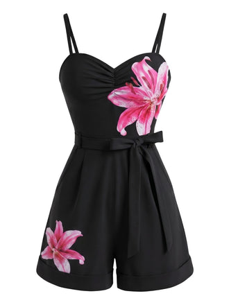 [Pre-Sale] Black 1940s Lily Print Belted Spaghetti Strap Romper, vintage romper, retro jumpsuit - perfect for women who love vintage and retro fashion