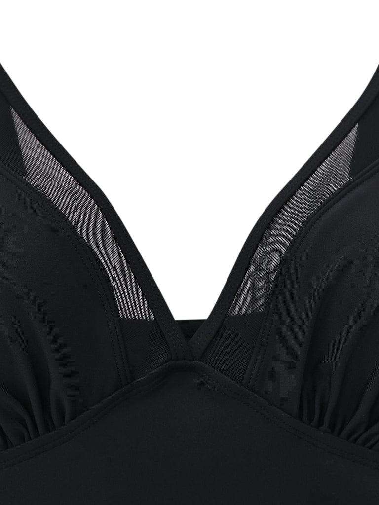 Black 1940s Mesh Bodycon Patchwork One Piece Swimsuit 3