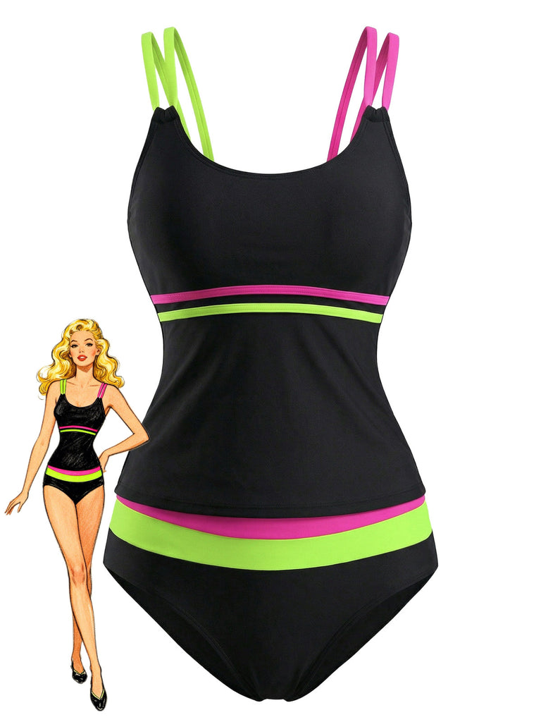 Black 1940s Neon Colorblock Double Strap Tankini Set - vintage fashion, retro style for vintage lovers