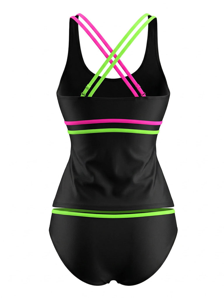 Black 1940s Neon Colorblock Double Strap Tankini Set - vintage fashion, retro style for vintage lovers