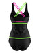 Black 1940s Neon Colorblock Double Strap Tankini Set - vintage fashion, retro style for vintage lovers