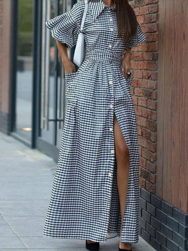 Black 1940s Plaid Puff Sleeve Long Shirt Dress - vintage dress, retro fashion, classic black