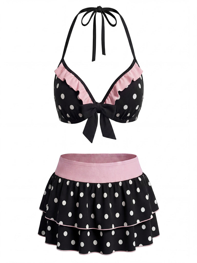 Black 1940s Polka Dot Halter Bikini Set 2