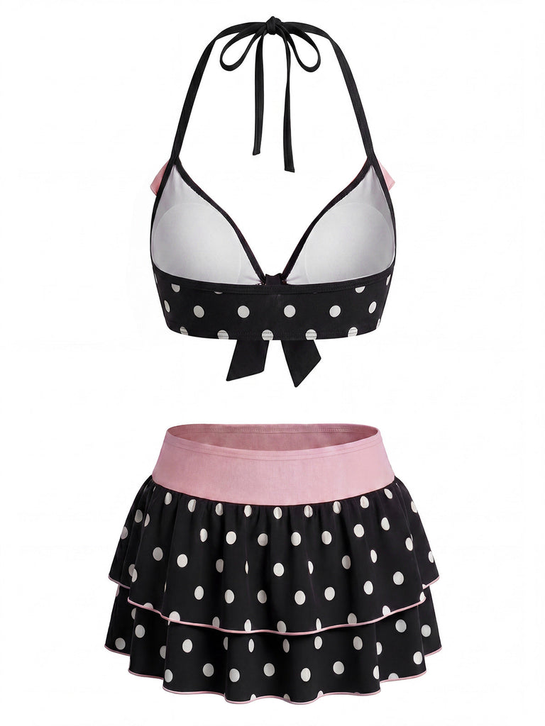 Black 1940s Polka Dot Halter Bikini Set 3