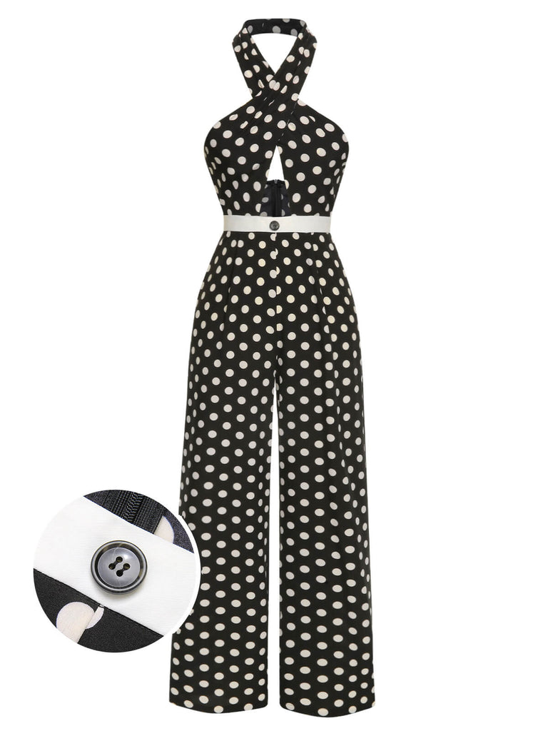 Black 1940s Polka Dots Cross Halter Jumpsuit, vintage romper, retro jumpsuit - perfect for women who love vintage and retro fashion