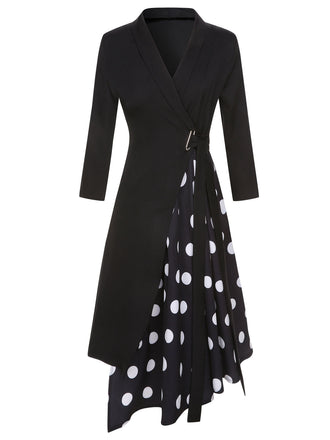 Black 1940s Polka Dots Patchwork Tie Waist Dress, vintage dress, retro fashion - perfect for women who love vintage and retro fashion