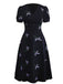 Black 1940s Purple Floral Embroidered V-Neck Dress - vintage dress, retro fashion, classic black