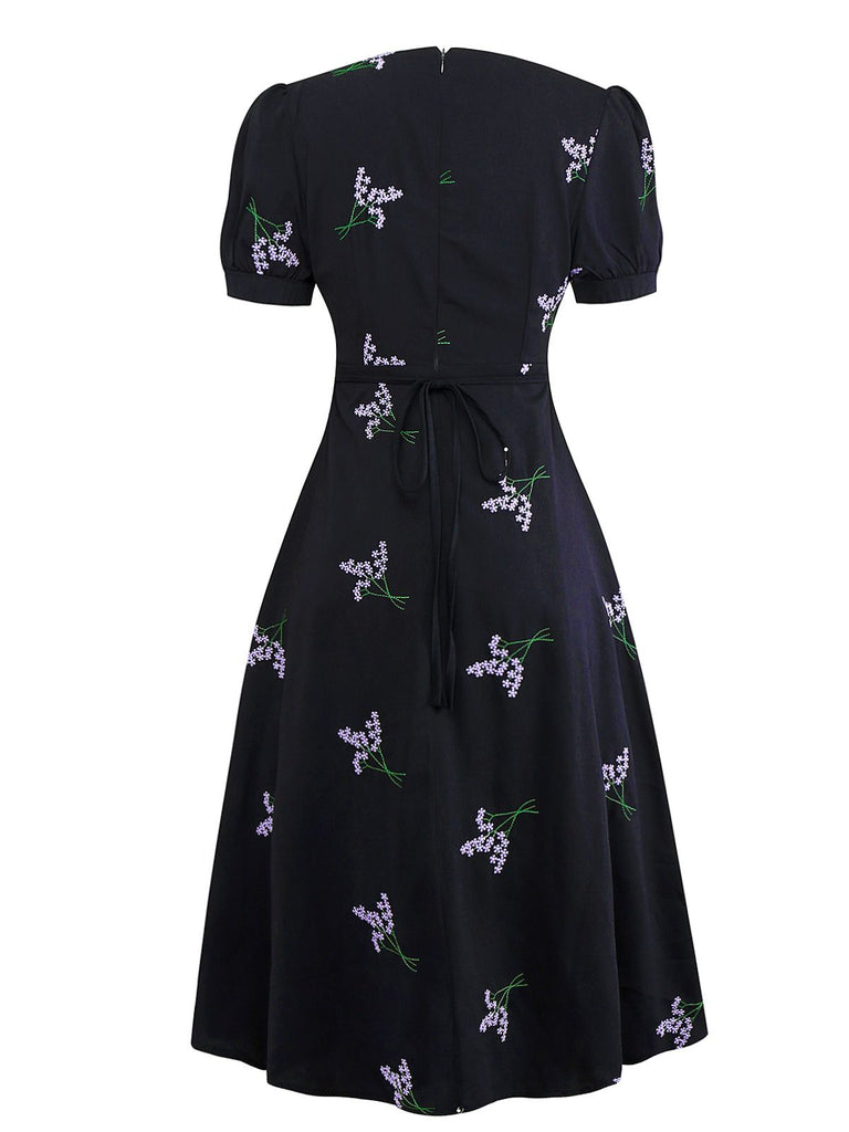 Black 1940s Purple Floral Embroidered V-Neck Dress - vintage dress, retro fashion, classic black