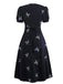 Black 1940s Purple Floral Embroidered V-Neck Dress - vintage dress, retro fashion, classic black