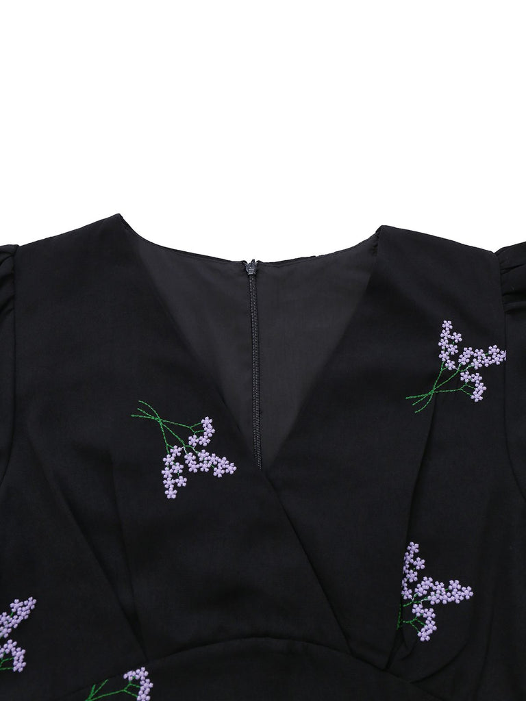 Black 1940s Purple Floral Embroidered V-Neck Dress - vintage dress, retro fashion, classic black