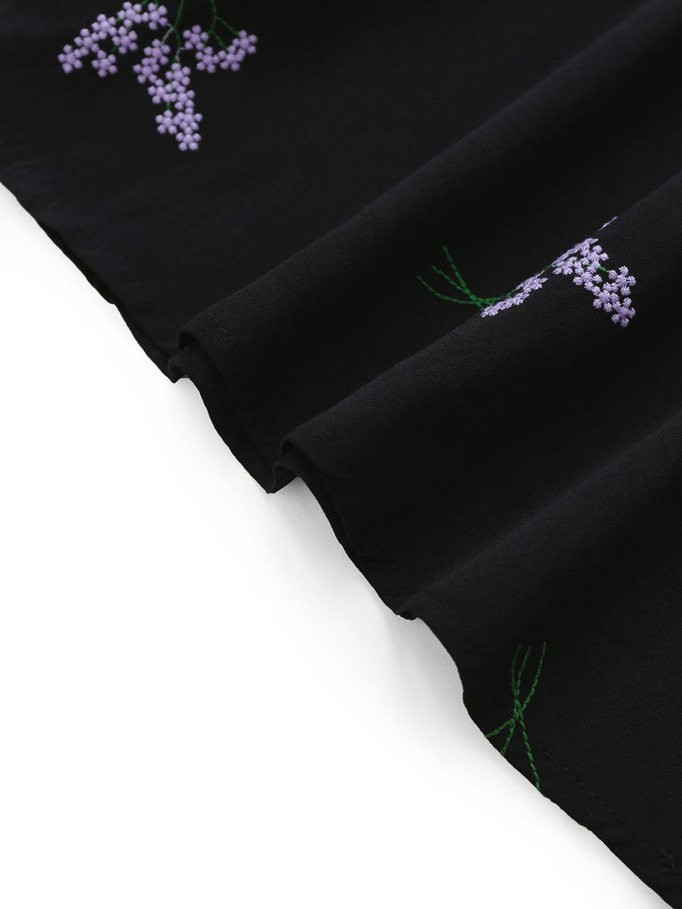 Black 1940s Purple Floral Embroidered V-Neck Dress - vintage dress, retro fashion, classic black
