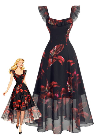 Black 1940s Red Lily Print Ruffle Sleeve Mesh Dress, vintage dress, retro fashion - perfect for women who love vintage and retro fashion