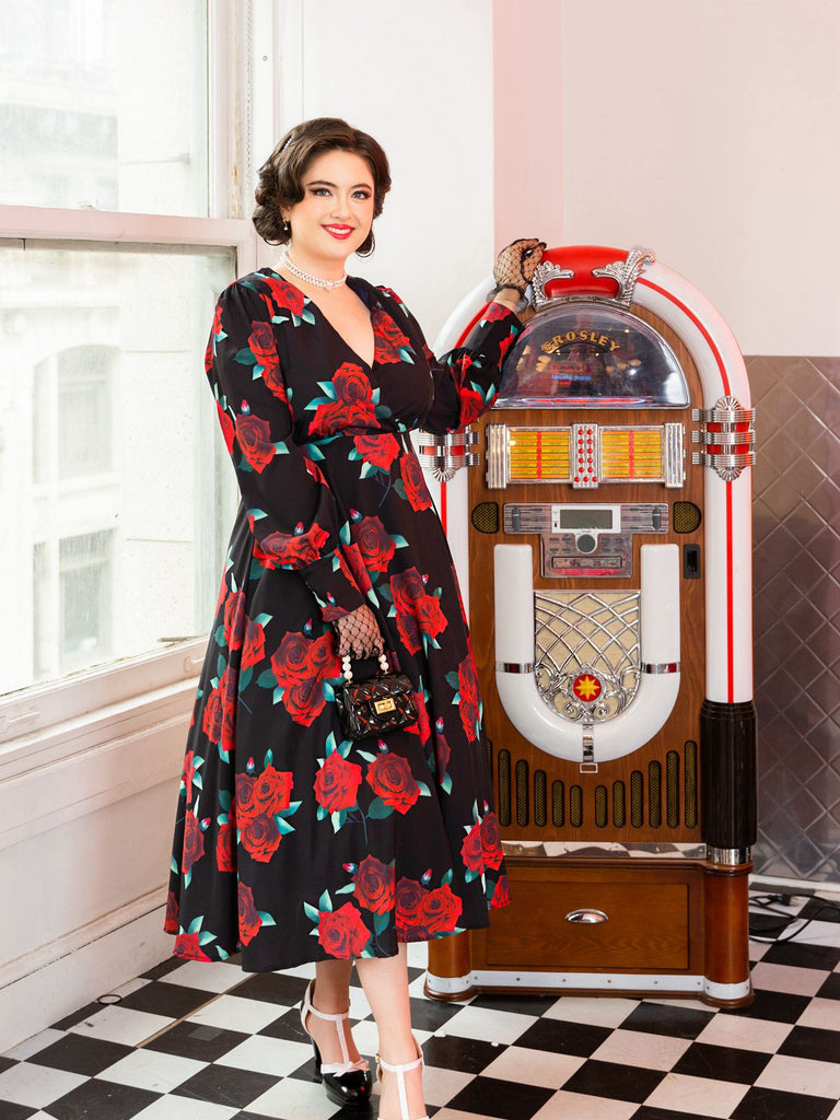 Black 1940s Rose Lantern Sleeved Lace-Up Dress: timeless style reimagined