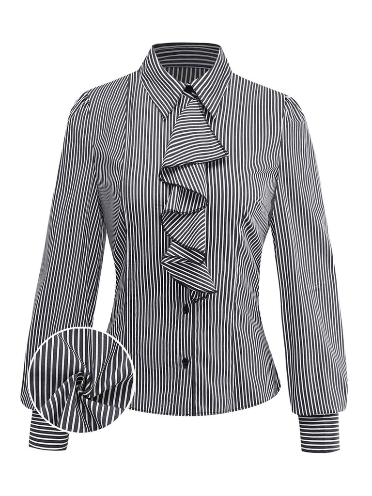 Black 1940s Ruffled Lapel Vertical Striped Blouse - vintage fashion, retro style, classic black