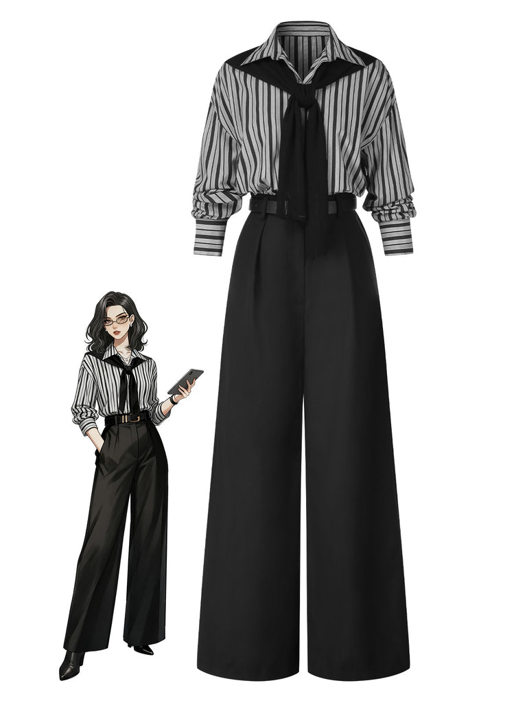 Black 1940s Shirt Collar Stripe Jumpsuit With Cape, vintage romper, retro jumpsuit - perfect for women who love vintage and retro fashion