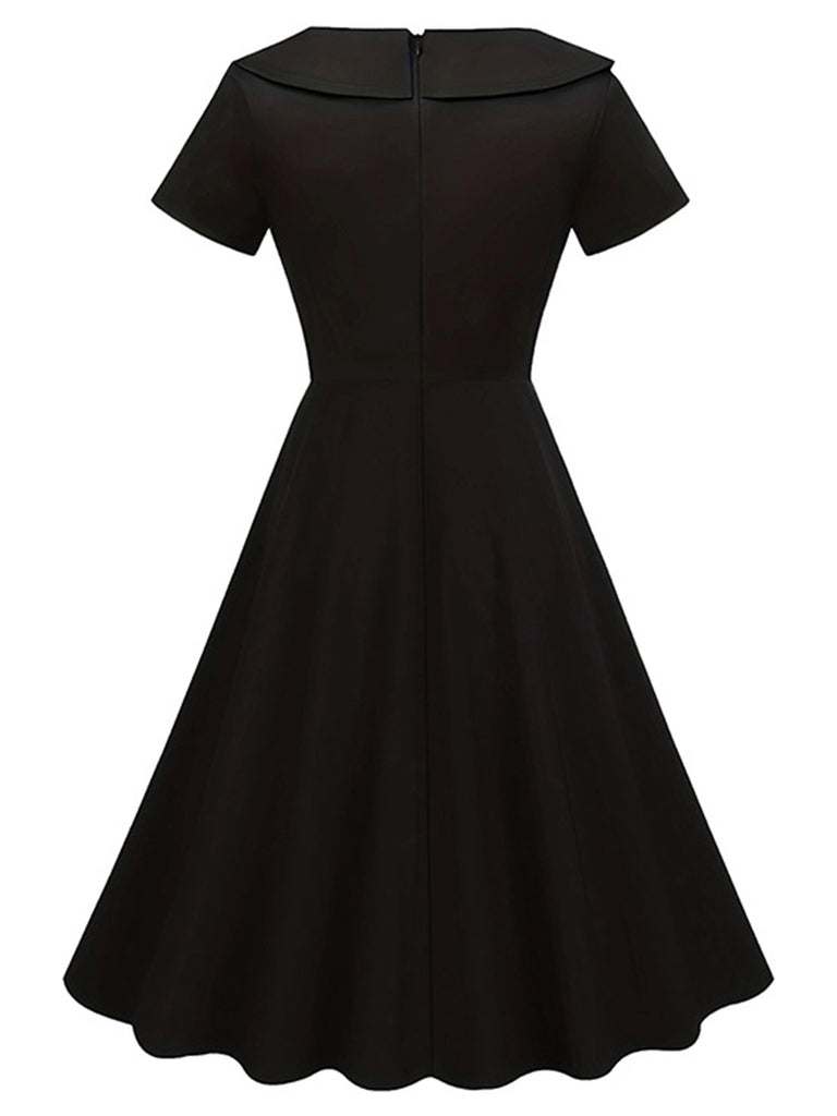 Black 1940s Solid Buttoned Lapel Dress: where 1940s romance meets her modern spirit