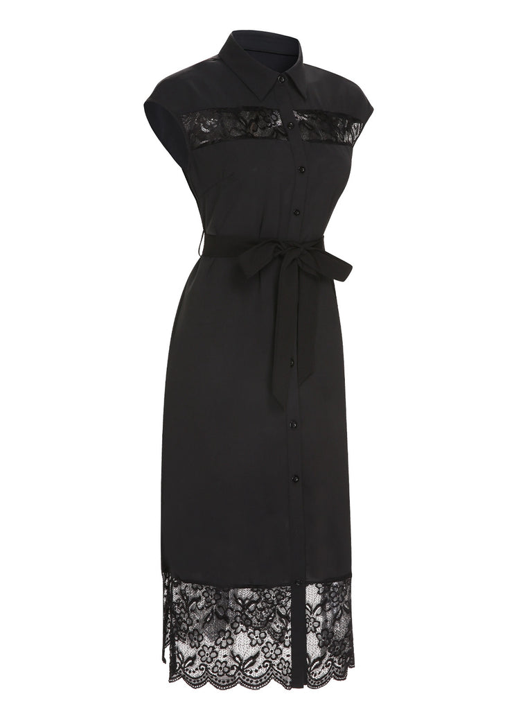Black 1940s Solid Lace Shirt Collar Belted Dress, vintage dress, retro fashion, lace detail - perfect for women who love vintage and retro fashion