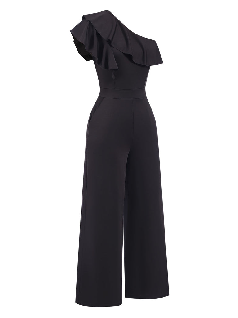 Black 1940s Solid One Shoulder Jumpsuit, vintage romper, retro jumpsuit - perfect for women who love vintage and retro fashion