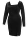 [Plus Size] Black 1940s Solid Square Neck Velvet Dress, vintage dress, retro fashion - perfect for women who love vintage and retro fashion