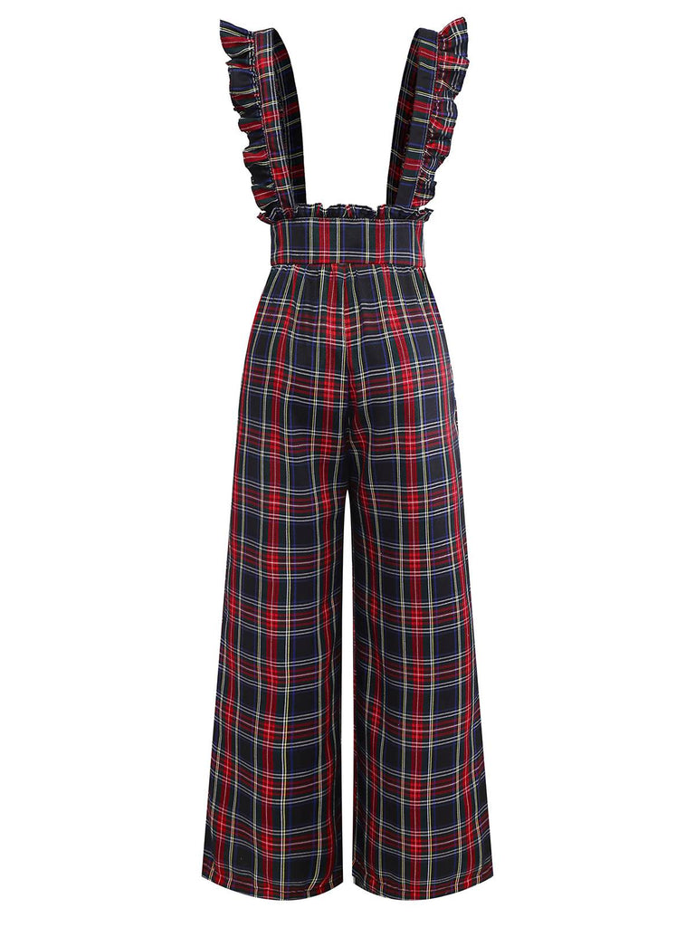 Black 1940s Tartan Plaid Ruffled Bow Overall Pants - vintage fashion, retro style, classic black