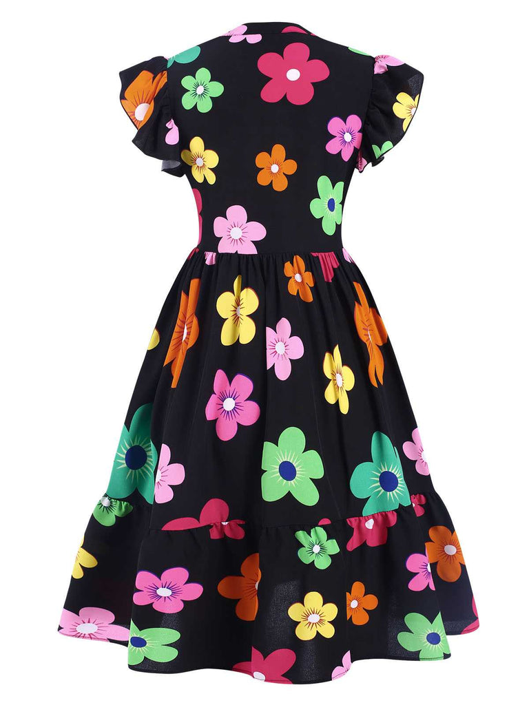 This Black 1940s V-Neck Colorful Floral Dress wraps her in 1940s elegance, one twirl at a time