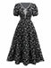 Black 1940s V-Neck Puff Ditsy Floral Dress - vintage dress, retro fashion, classic black