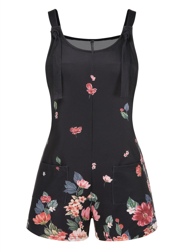 Black 1950s Adjustable Straps Floral Romper - vintage jumpsuit, retro fashion, classic black