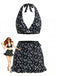 3PCS Black 1960s Halter Ditsy Floral Bikini Set & Cover-Up - vintage swimsuit, pin-up swimwear for vintage lovers