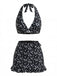 3PCS Black 1960s Halter Ditsy Floral Bikini Set & Cover-Up - vintage swimsuit, pin-up swimwear for vintage lovers