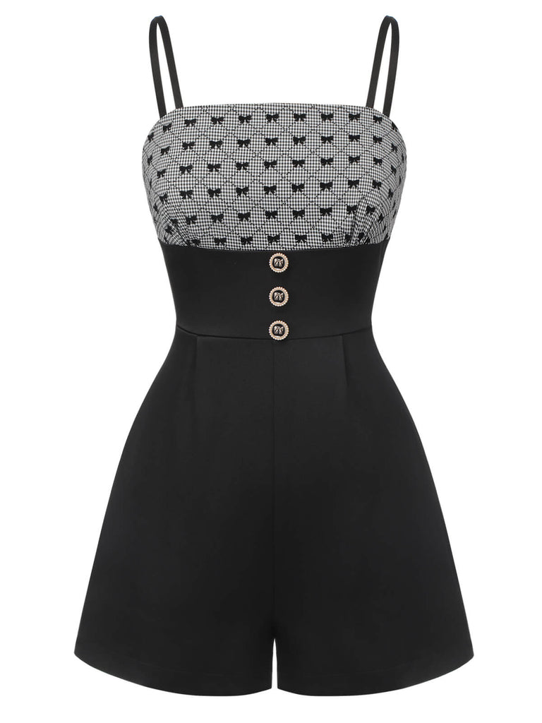 Black 1950s Bow Button Patchwork Strap Romper, vintage romper, retro jumpsuit - perfect for women who love vintage and retro fashion