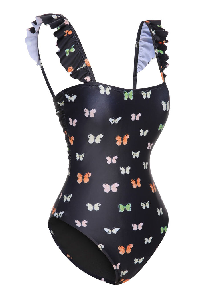 Black 1950s Butterfly Flare Sleeve One-Piece Swimsuit, vintage swimsuit, pin-up swimwear - perfect for women who love vintage and retro fashion
