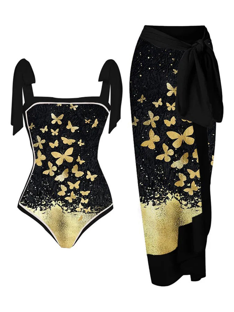 Black 1950s Butterfly One-piece Swimsuit & Cover-up: timeless style reimagined