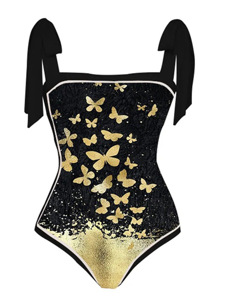 Black 1950s Butterfly One-piece Swimsuit & Cover-up — vintage elegance for the modern woman