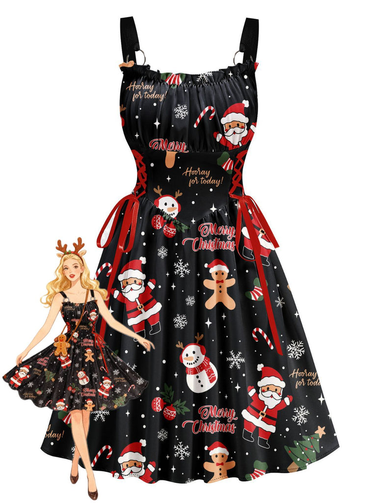 Black 1950s Christmas Print Lace-Up Dress - vintage dress, retro fashion, rockabilly
