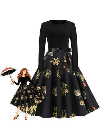 Black 1950s Christmas Snowflake Ribbon Belt Dress - vintage dress, retro fashion, rockabilly