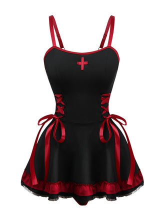 Black 1950s Cross Contrast Ruffle Hem Nightdress - vintage dress, retro fashion, rockabilly