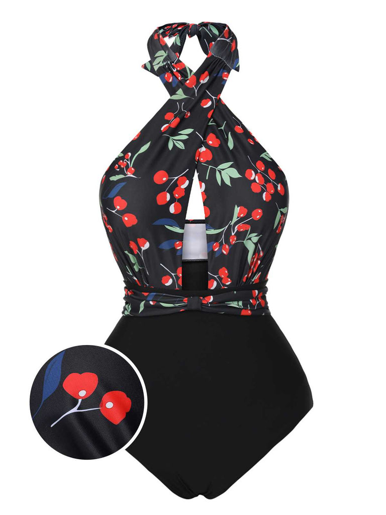 She's wearing Black 1950s Cross Halter Cherry Swimsuit and the whole beach remembers the 1950s